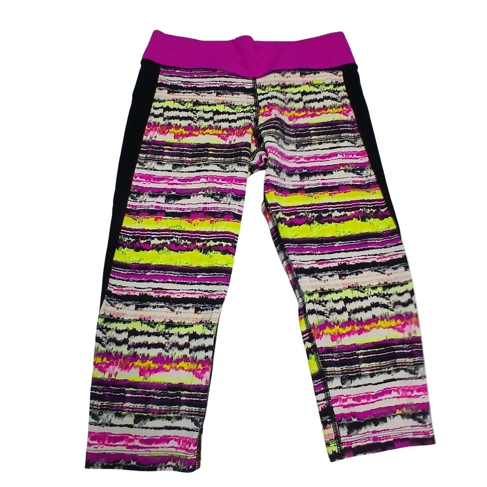 Nike Cropped Leggings Medium‎ Pink Neon Yellow Abstract Stripe Sporty Gym Capris